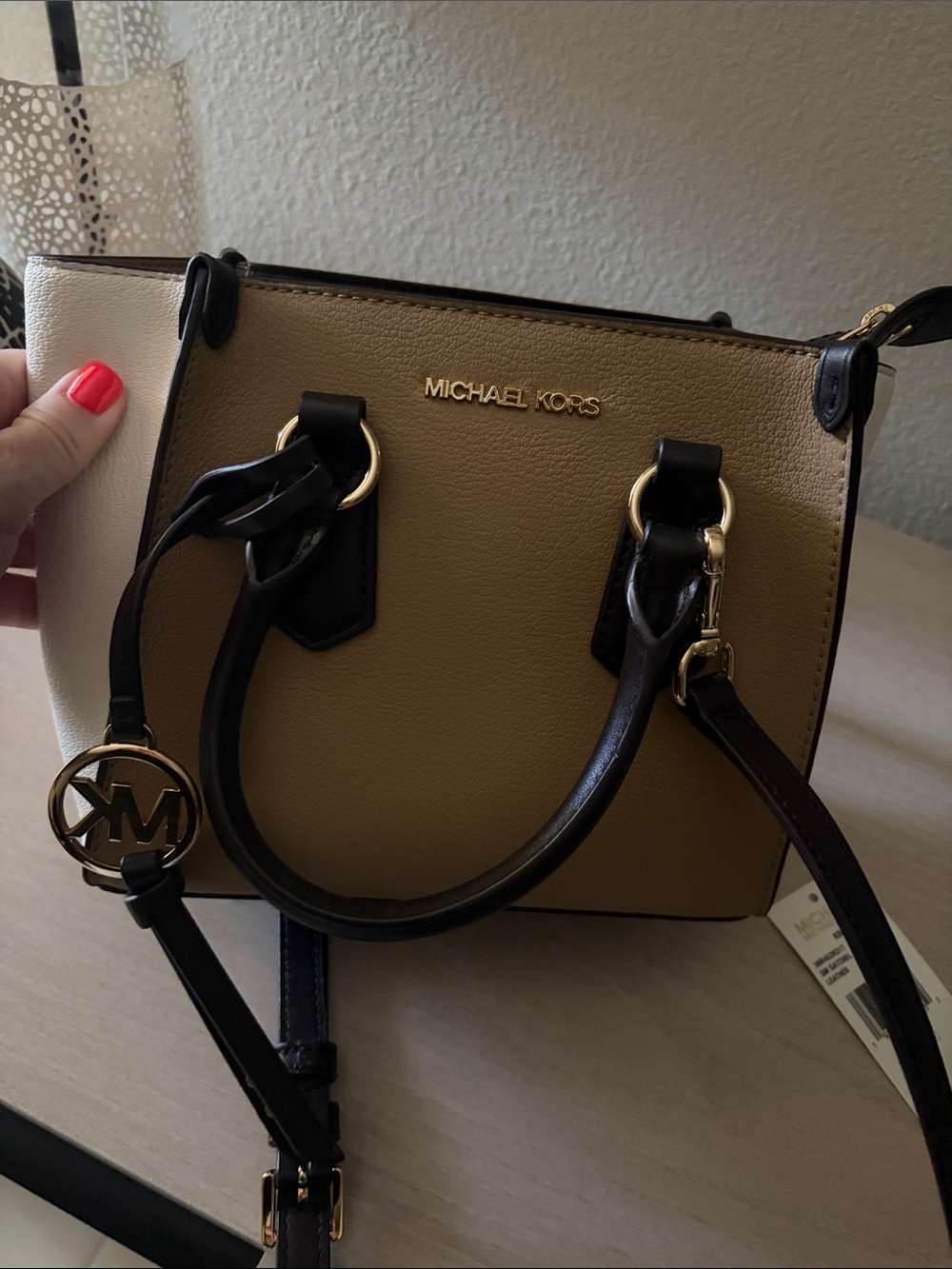 Michael Kors KRIS Small Leather Satchel in Tan, Cream & Brown